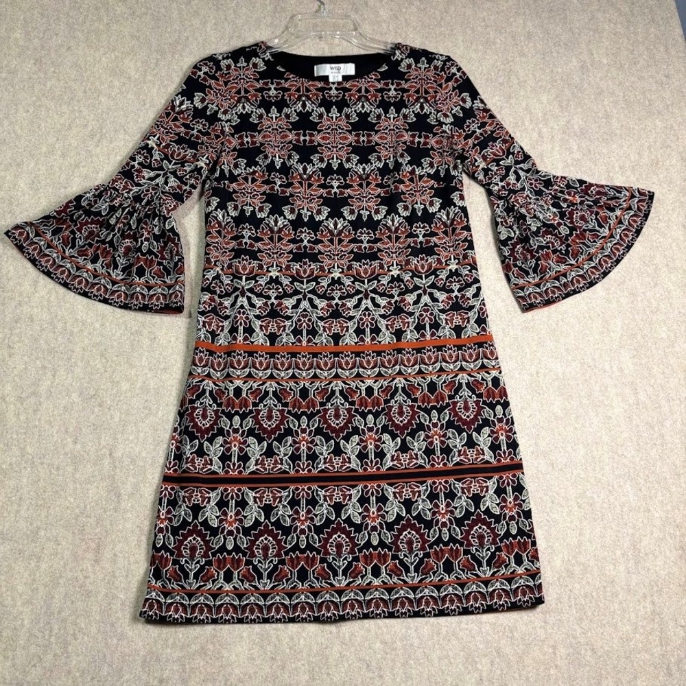 Wisp Dress Wmns 2P Black Orange Poly Blend Boho Bell Sleeve Floral Shift Classic